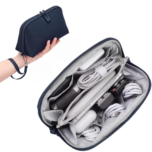 FYY Travel Cable Organizer - 8 Compartments Lightweight Water Resistant Tech Pouch with Wrist Strap, Electronic Accessories Case for Cord Charger Storage for Travel Home Office, Navy (Medium) - color: Navy, style: M