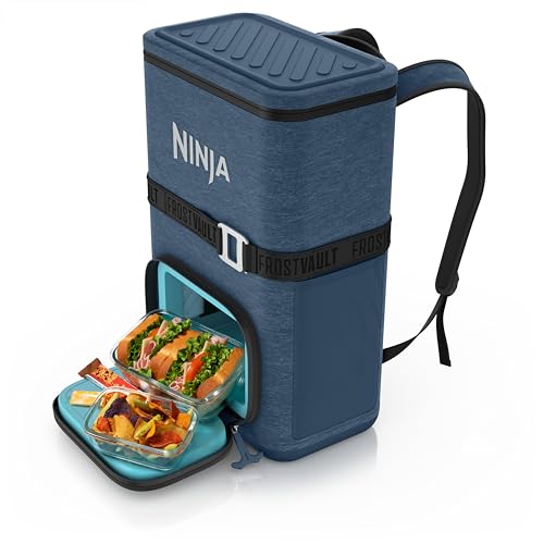 Ninja | Backpack Cooler | FrostVault Go 24 Can Soft Cooler | Leakproof Zipper with Built in Can Opener, 2 Ice Packs & Dry Storage Drawer | for Hiking, Camping & More | Lakeshore Blue | FF124NV - color: Blue, size: 24 Can