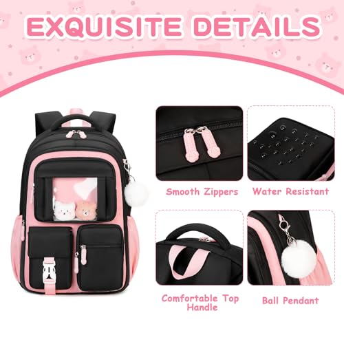 Kids Backpack for Girls School Bags for Middle School Students Book Bag for Elementary Primary Kawaii Ita Backpack, Black and Pink - color: Black and Pink