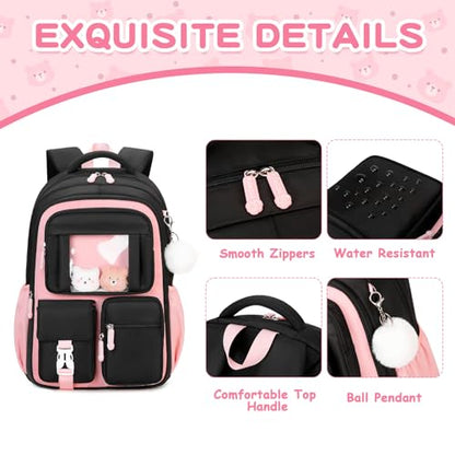 Kids Backpack for Girls School Bags for Middle School Students Book Bag for Elementary Primary Kawaii Ita Backpack, Black and Pink - color: Black and Pink