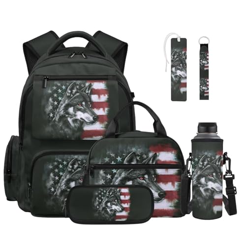 Talayituse Wolf American Flag Print 6Pcs Boys Backpack for School 4th of July Backpack for Kids Backpacks for Boys with Lunch Bag Bookbag for Back to School Supplies for Elementary Middle Student - color: Wolf American Flag