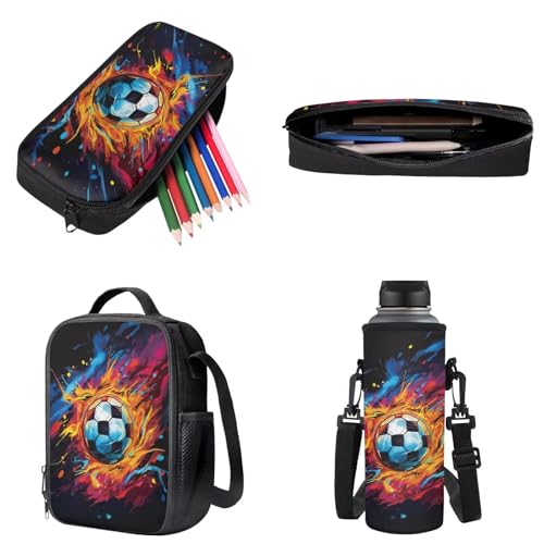 Soccer Flame Splash Backpack Set School Bag Set with Lunch Bag Pen Case Water Bottle Sleeve Zippered Portable Bookbag for Kindergarten Child, 4 Pieces - color: Soccer Flame Splash