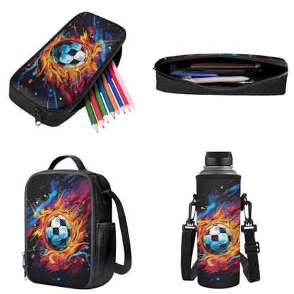 Soccer Flame Splash Backpack Set School Bag Set with Lunch Bag Pen Case Water Bottle Sleeve Zippered Portable Bookbag for Kindergarten Child, 4 Pieces - color: Soccer Flame Splash