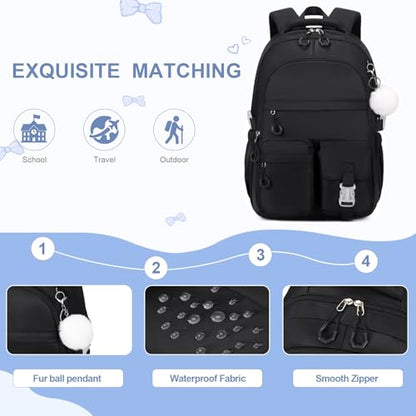 DIGOBAY 3PCS Girls Backpack for School, Kids Backpack for Girls with Lunch Bag Pencil Case, Kids Bookbag Teen Girl Backpacks for Elementary Middle High College School (Black) - color: Black