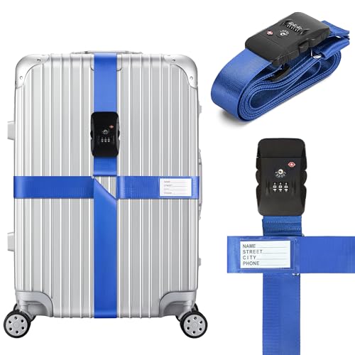 Luggage Straps TSA Approved with Combination Lock, Adjustable Suitcase Belts for 20"-32" Luggage, with Name ID Card for Identify, Travel Airport Accessories for Checked Bags (Cross Dark Blue) - color: Cross Dark Blue