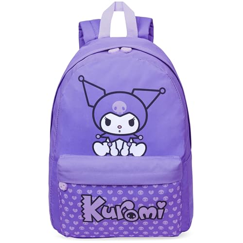 Hello Kitty Sanrio Backpack for Girls, Tweens with Zipped Front Pocket, Kawaii Backpacks for School, Travel, Gifts for Girls (Purple Kuromi)