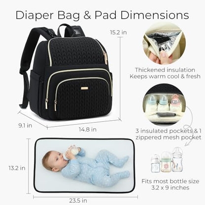 MAPLELILY Large Diaper Bag Backpack, Stylish Baby Travel Diaper Bag, Black | Waterproof lightweight maternity hospital backpack. With changing pad, stroller straps, insulated pocket. Mom, dad, toddler - color: Black