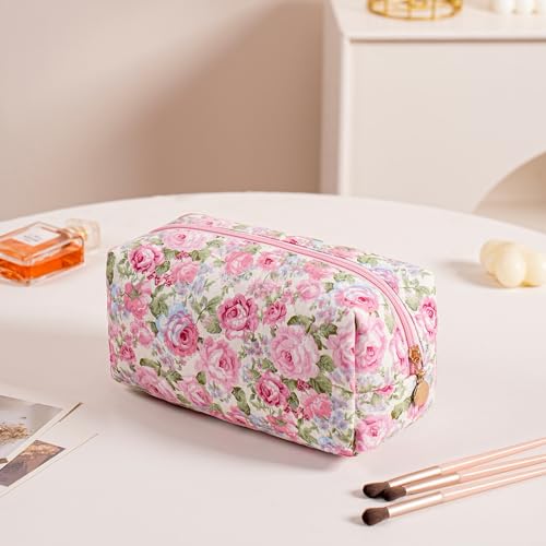 Cute Floral Makeup Bag Small Cotton Quilted Cosmetic Bag, Aesthetic Essential Bag Emergency Bag Gift for Women Girls Travel Accessories (Pink Rose) - color: Pink Rose