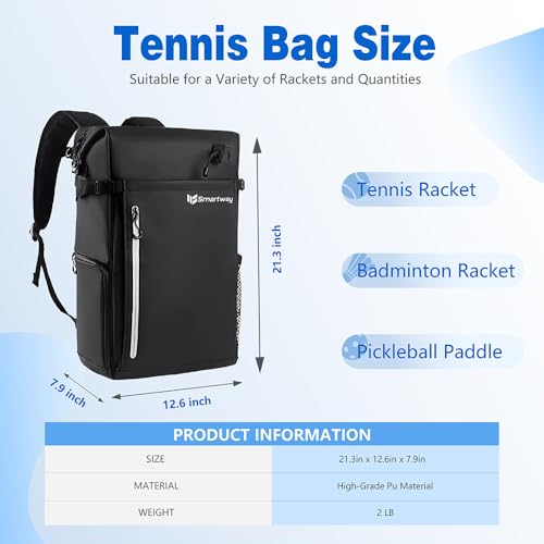 Smartway Waterproof Pickleball Bag With Shoe Compartment - Large Capacity Tennis Racket Backpack For Men Women - color: Black
