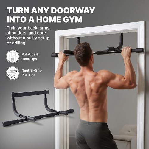 DMoose Fitness Door Pull Up Bar for Doorway - 250 Lbs Capacity, 1.7mm Heavy Duty Steel, 4 Grip Positions, No Drill Installation, Foam Door Protection & Cushioned End Caps (Black Classic)