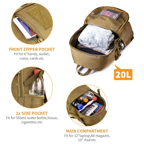 HUNTVP 20L Tactical Backpack Military MOLLE Backpack Daypack Rucksack Gear Tactical Assault Pack Bag for Hunting Camping Trekking (20L-Dark Brown) - color: Dark Brown, size: 20L