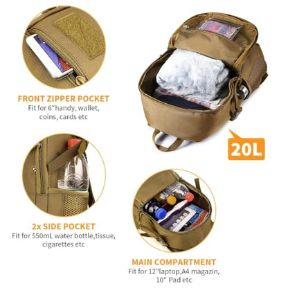 HUNTVP 20L Tactical Backpack Military MOLLE Backpack Daypack Rucksack Gear Tactical Assault Pack Bag for Hunting Camping Trekking (20L-Dark Brown) - color: Dark Brown, size: 20L