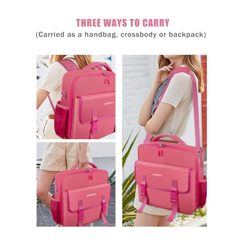 Zipper Binder 700-Sheet 3-inch D Ring with Multiple Pockets Folder Up 14" Laptop Detachable Backpack Straps & Shoulder Use for School and Office（red） - color: Plum Red