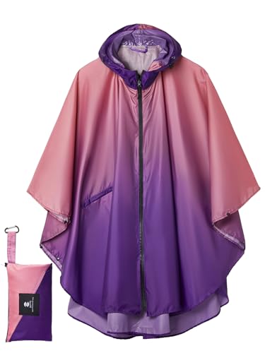 SaphiRose Unisex Rain Poncho Waterproof Raincoat Hooded for Adults Women with Pockets - color: Gradient Pink-purple