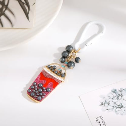 Madison Tyler Western Cowboy Boots Cherry Bow Bubble Tea Strawberry Cute Keychain | Bag Charms for Handbags Purse Charms - color: Bubble Tea