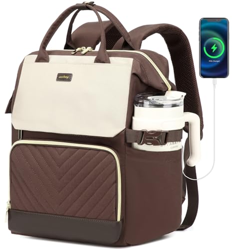 Computer Backpack for Women, Work Bag Laptop Bookbag with Cup Holder & USB Charger for Teacher Nurse College Travel Back Pack, Gifts, Nude Brown - color: Nude Brown, size: 15.6in