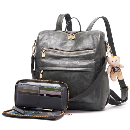 Soperwillton Women Backpack Purse Multipurpose Design Handbags Shoulder Bag PU Leather Travel bag Backpack Set 2pcs - color: Darkgrey