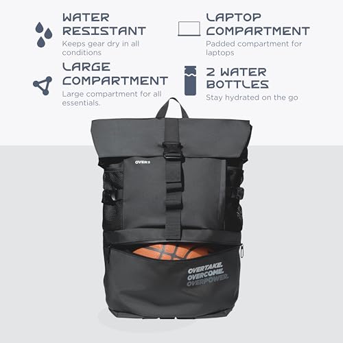 OVER3 Basketball Backpack Large - with Shoe & Laptop Compartment - Versatile Bag for Basketball, Soccer, Volleyball, Football and Travel - Men & Women - Black
