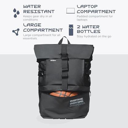 OVER3 Basketball Backpack Large - with Shoe & Laptop Compartment - Versatile Bag for Basketball, Soccer, Volleyball, Football and Travel - Men & Women - Black