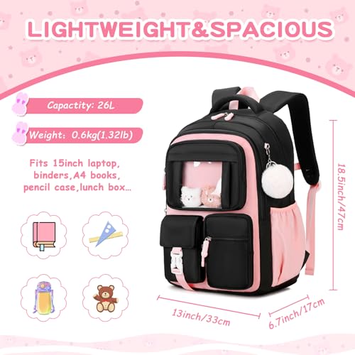 Kids Backpack for Girls School Bags for Middle School Students Book Bag for Elementary Primary Kawaii Ita Backpack, Black and Pink - color: Black and Pink