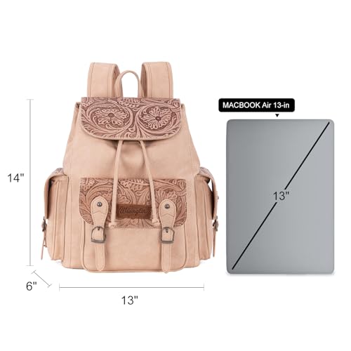 Montana West Wrangler Backpack Purse for Women Men Western Backpack Floral Tooled Travel Bags - color: Carve Tan