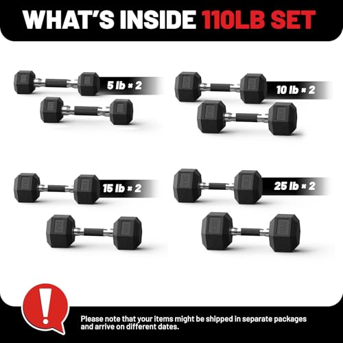 PAPABABE Dumbbell Set, Rubber Encased Home Gym Dumbbells, Weight Dumbbells for Women & Men, Hand Weights for Home Gym & Strength Training - size: 110 lb Set (Pair of 5, 10, 15, 25), style: Rubber Grip