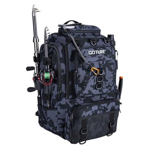 Goture 40L Fishing Tackle Backpack with Cooler and Removable Bait Binder, 900D Water-Resistant Tackle Backpack with 2 Rod Holders, Fishing Bag Storage Gear Tackle Bag with Rain Cover Camouflage - color: Camouflage, size: A - Trays not included