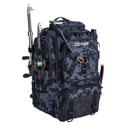 Goture 40L Fishing Tackle Backpack with Cooler and Removable Bait Binder, 900D Water-Resistant Tackle Backpack with 2 Rod Holders, Fishing Bag Storage Gear Tackle Bag with Rain Cover Camouflage - color: Camouflage, size: A - Trays not included