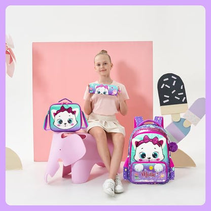 Meetbelify Kids School Backpacks for Girls Boys Backpack with Lunch Bag for Elmentary Students - color: 01 Purple Cat