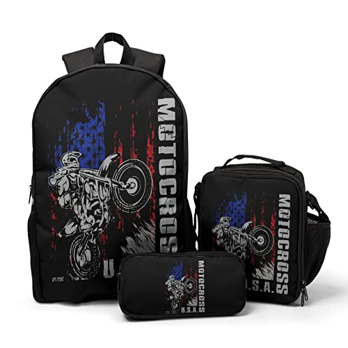 Giwawa Motocross Vehicle Teens School Backpack Set American Flag Canvas Girls Boys School Bags Travel Bookbags 3 in 1 - color: Motorcycle Flag