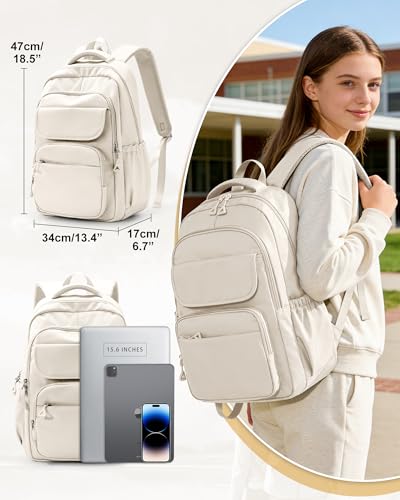 School Backpack for Girls, High Elementary School Laptop Backpack College Student Women Bookbag, Mochilas Escolares para Niñas, Teens Girls Bookbag Casual Daypack, Beige - color: B-beige