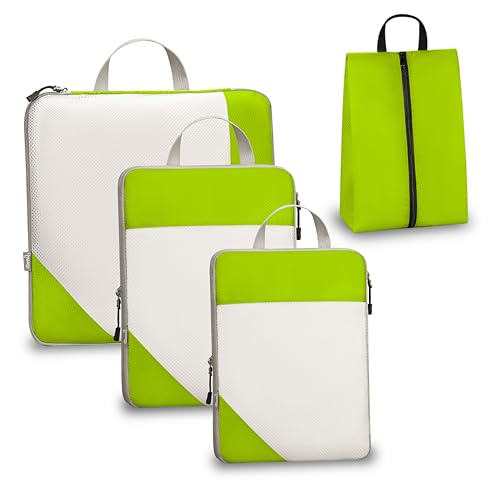 Compression Travel Packing Cubes with White Mesh, Green, 4Pcs | Waterproof fabric and See-Through Mesh, Space-Saving Compression Organizer for Travel and Daily Clothes Storage - color: Green, size: Set of 4