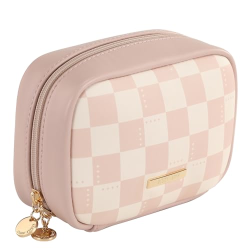 RIGHT AWAY Makeup Bag,Travel Cosmetic Bag Organizer with Zipper,Waterproof Toiletry Bags Makeup Pouch for Purse, Small Make Up Bag &Cases with Compartments for Women Girls（Pink Checkerboard） - color: AH-Pink Checkered