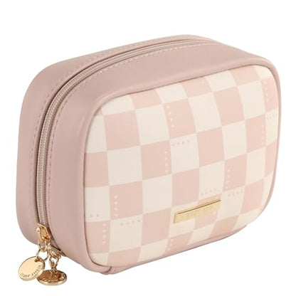 RIGHT AWAY Makeup Bag,Travel Cosmetic Bag Organizer with Zipper,Waterproof Toiletry Bags Makeup Pouch for Purse, Small Make Up Bag &Cases with Compartments for Women Girls（Pink Checkerboard） - color: AH-Pink Checkered