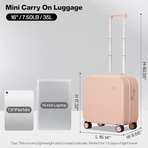 mixi Carry on Luggage, Suitcase with Spinner Wheels 16in Luggage Hardshell Lightweight Rolling Suitcases PC with Cover & TSA Lock, Pink - color: Pink, size: 16in Carry on