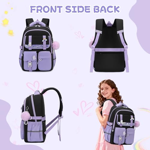 MUSEVOS Girls Backpack, Kids Backpack for Girls, School Bookbag for Teens Age 6-15, Large Capacity Water Resistant Backpack for Elementary to High School, Cute Travel Daypack, Black Purple 3pcs - color: Black Purple-3pcs