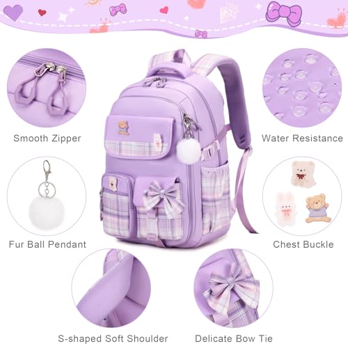 ACESAK Girls Backpack - 3PCS Backpack for Girls Cute School Backpacks for Girls Kindergarten Elementary Preschool Middle Kids School Bags with Lunch Box Pencil Case Set (Purple) - color: Purple