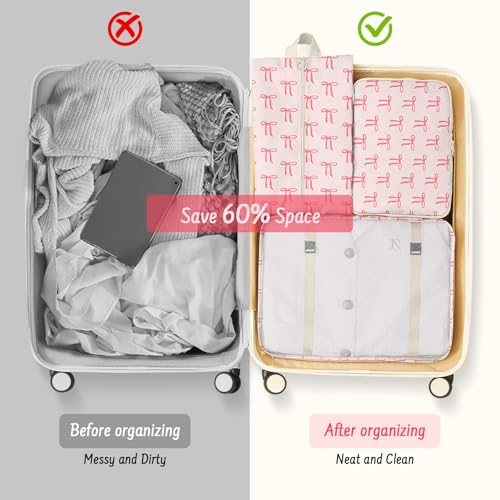 9 Set Packing Cubes for Travel Essentials - Lightweight Carry-On Luggage Organizer Bags with Shoe, Clothes & Laundry Bags for Airplane, Family & Business Travel, Pink bow - color: Pink bow