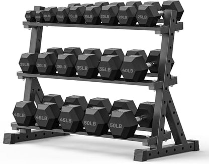 PAPABABE Hex Dumbbell Set with Rack, Rubber Encased Free Weight with Weight Storage Racks, Multiple Weight Options for Home Gym and Fitness - style: 550LB with 3-Tier Weight Rack