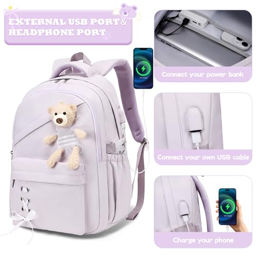 ACESAK School Backpack for Girls - 3 PCS Cute Girls Backpack with Lunch Box & Pencil Case - Kawaii Casual Kids Bookbag School Bag Daypacks Set for Elementary Middle High School Student Teens (Purple) - color: Purple
