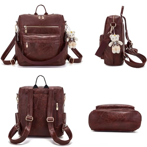 Soperwillton Women Backpack Purse Multipurpose Design Handbags Shoulder Bag PU Leather Travel bag Backpack Set 2pcs - color: Deepred