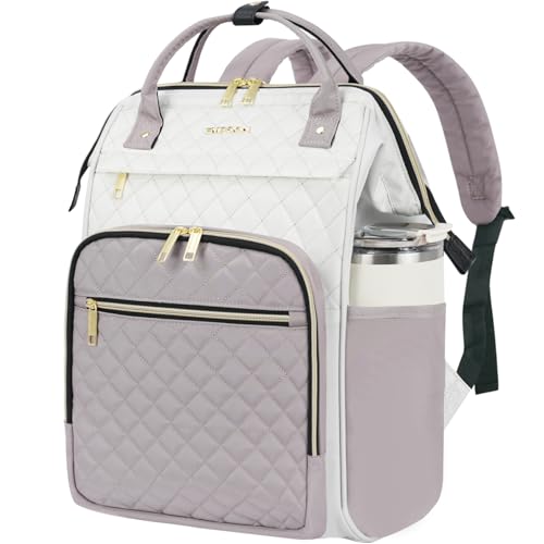 EMPSIGN 17 Inch Laptop Backpack for Women, Work Business Travel Computer College Bags, Large Capacity Water-repellent Quilted Casual Daypack, Beige-Dusty Pink - color: Beige/Dusty Pink, size: 17 inch