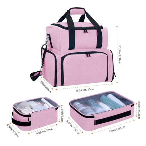 Large Makeup Cosmetic Bag with 3 Removable Case and 2 Removable Dividers Double Layer Travel Storage Organizer, Makeup Brushes Storage Section Pink - color: Pink