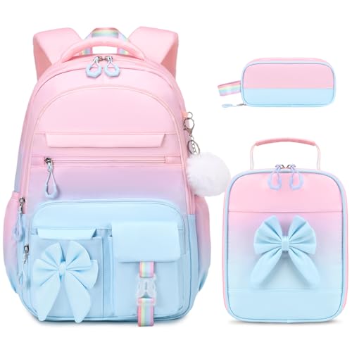 DIGOBAY Backpack for Girls, 3PCS Girls Backpack for School with Lunch Bag Pencil Case, Cute Kids Teens Bookbag for Kindergarten Elementary Preschool Middle School - color: Gradient Pink-blue