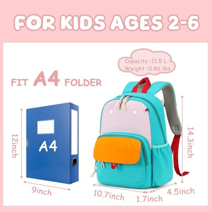 BTOOP Kids Backpack for Boys Girls 3-6, Preschool Kindergarten Backpack with Insulated Lunch Compartment & Chest Strap, Cute Lightweight School Travel Bag Fits A4 Folder - color: Pink-blue, size: Age 3-6 (14.5" H Fit Folder)