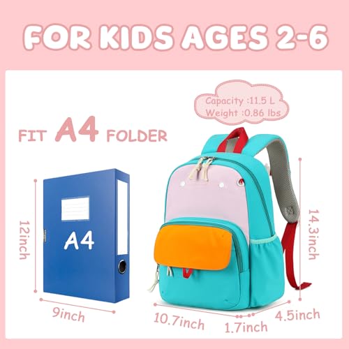 BTOOP Kids Backpack for Boys Girls 3-6, Preschool Kindergarten Backpack with Insulated Lunch Compartment & Chest Strap, Cute Lightweight School Travel Bag Fits A4 Folder - color: Pink-blue, size: Age 3-6 (14.5" H Fit Folder)