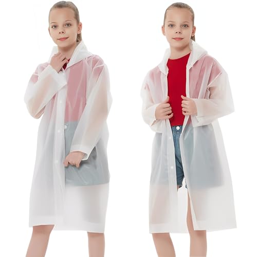 Rain Ponchos Raincoats for Kids, Reusable Boys Girls Rain Jackets Emergency with Hood for Family Disney Travel Outdoor - color: A-white