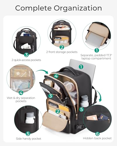 BAGSMART Womens Backpack Carry On Flight Approved, Travel Backpack for Women with Waist Bag, Traveling Lightweight Weekender Casual Daypack 17.3" Laptop Work Back pack Personal Item Travel Bag, Black - color: Black