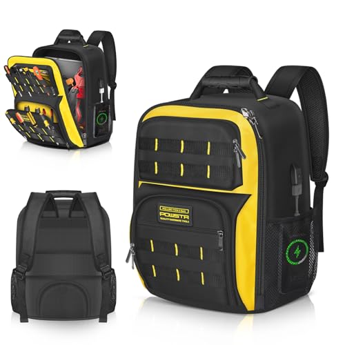 18Inch Electrician Tool Backpack with USB Port,Waterproof HVAC Tool Bag Backpack for Men,Heavy Duty Technician Backpack with 23 Pockets and S-shaped Shoulder Straps,Black & Yellow