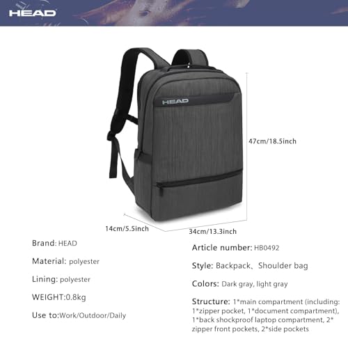 HEAD Business 17.3 inch Laptop Backpack for Men, Waterproof Travel Backpacks with Trolley Sleeve, Large Carry On Business Bag in 8 Pockets, Independent Laptop Compartment Bag for Work/Commute/College - color: Grey
